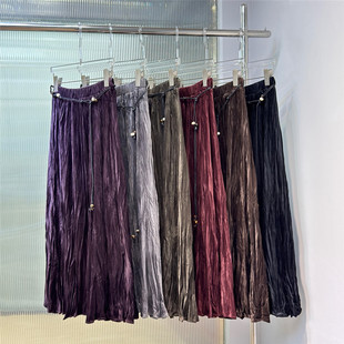 显瘦质感940 韩版 2025秋季 丝绒扭折A字裙半身裙质感中长裙高腰时尚