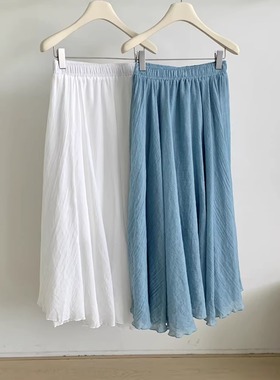 2025春季蓝色白色棉麻A字裙潮流时尚宽松半身裙裙子遮肉松紧腰140