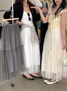 2025春纱拼接2层A字裙半身裙中长裙潮流松紧腰质感时尚显瘦潮181