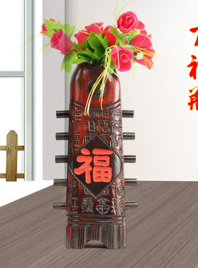 桃木雕刻实木百福花瓶新中式家居装饰品木质福字花插台面落地摆件