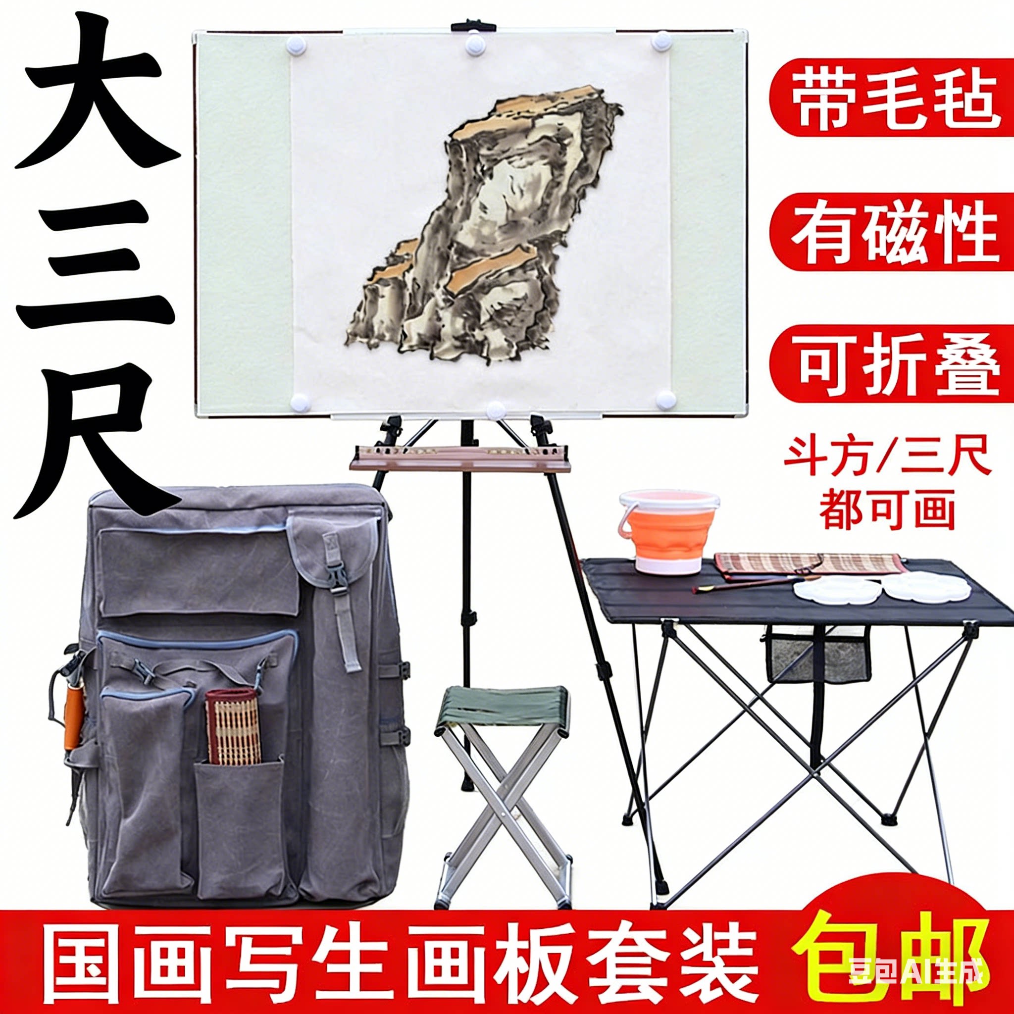 大三尺71*101国画写生磁性画板画架套装毛毡铁皮折叠户外斗方三尺