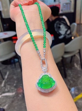 天然爆款新款绿玉髓银镶嵌笑脸弥勒佛轻奢小众佛公玉髓珠扣项链