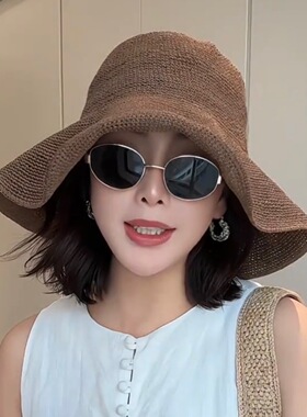 夏天出游防晒遮阳帽子女细密草编帽时尚百搭显脸小大檐咖色渔夫帽