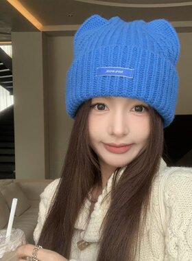 羊毛猫耳朵毛线针织帽子女款2026新款秋冬季可爱蓝色保暖护耳冷帽