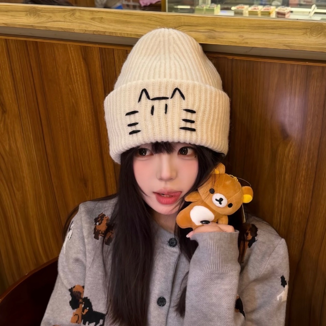 韩版针织毛线帽子女款2025新款秋冬季保暖可爱猫咪白色护耳冷帽男