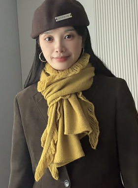 澳洲羊毛木耳边围巾女款2026新款黄色休闲针织毛线高级感围脖