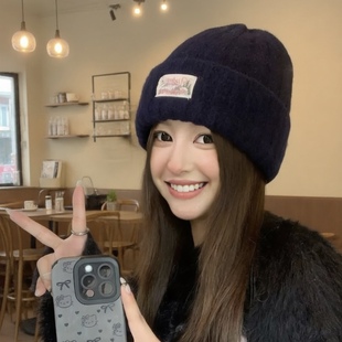 韩国双层针织毛线堆堆帽子女款2026新款秋冬季贴标藏青护耳冷帽男