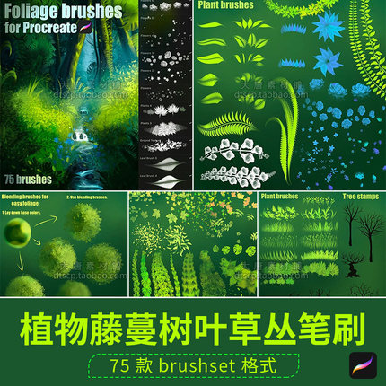 Procreate笔刷植物藤蔓树叶草丛田野花草地树叶草类草甸爬藤