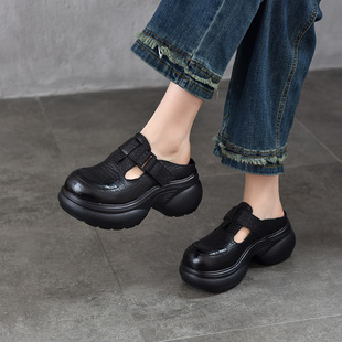 头层牛皮半拖鞋 女夏外穿2026新款 真皮小个子厚底增高7CM包头拖鞋