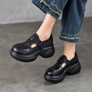 头层牛皮魔术贴松糕鞋 新款 女2026春季 真皮小个子增高7CM厚底单鞋