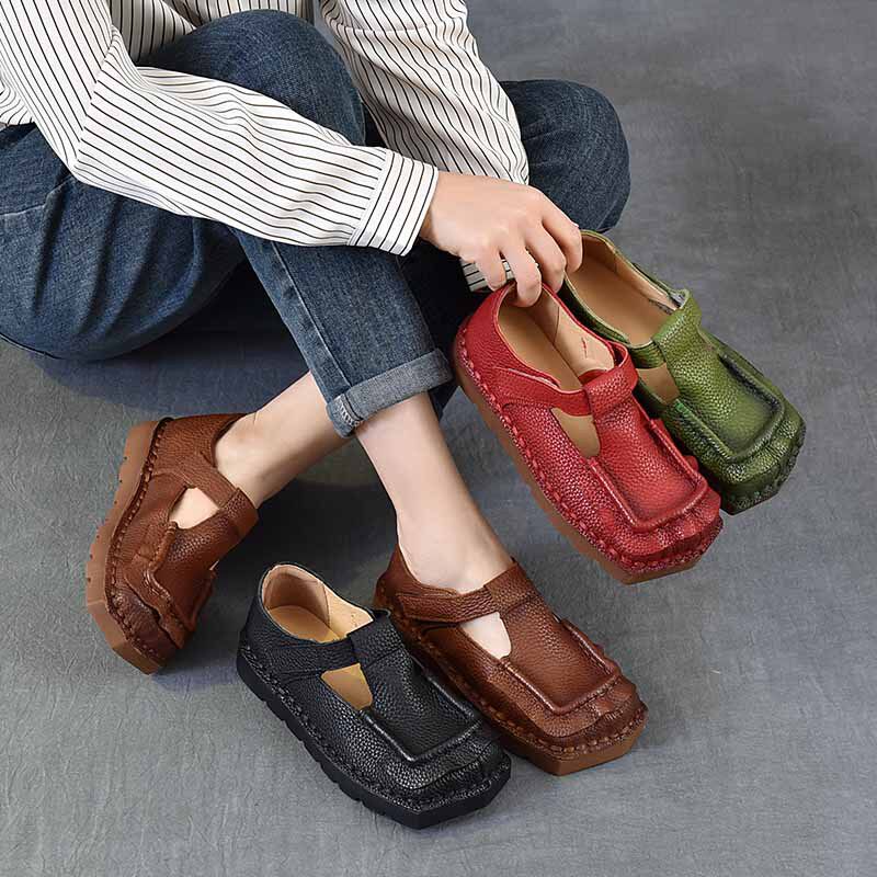 真皮软底单鞋女2026春季新款头层牛皮复古休闲时尚魔术贴手工女鞋