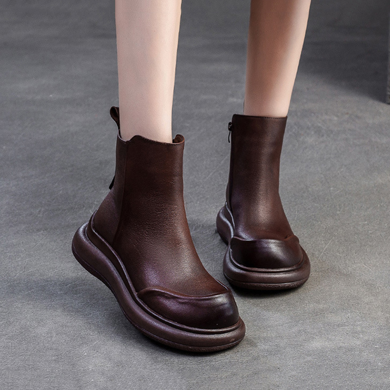 真皮厚底马丁靴女复古加绒棉靴子