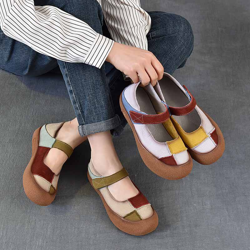 真皮软底浅口单鞋女2026春季新款头层牛皮复古时尚拼色魔术贴女鞋