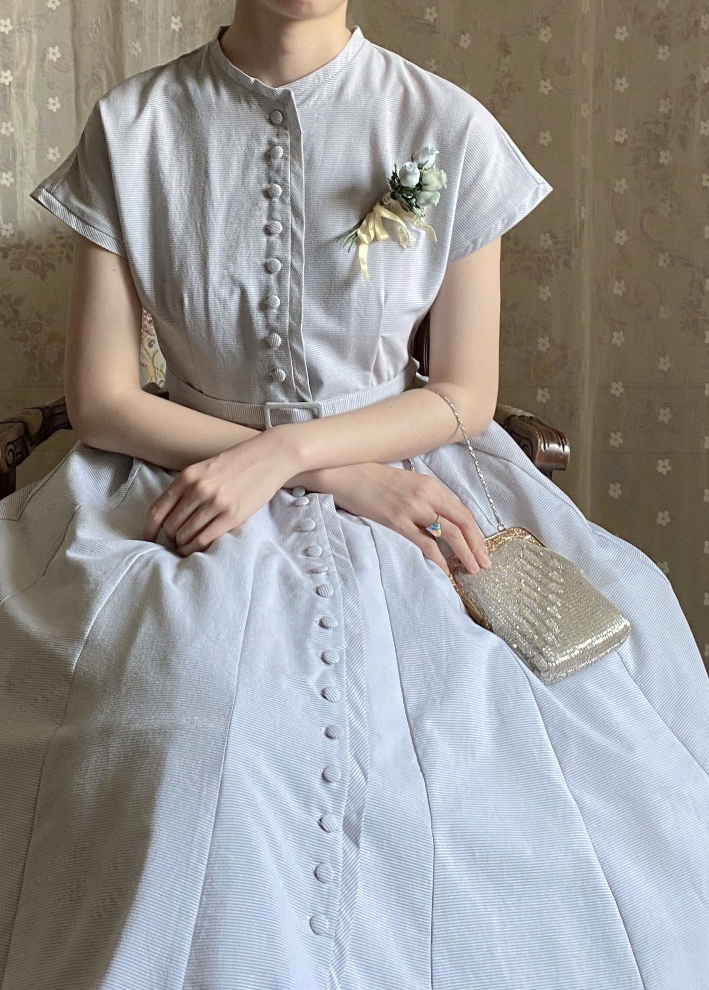 vintage1950s乱世佳人细条纹显瘦高腰中长裙画报款复古赫本连衣裙