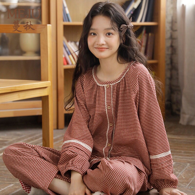 女学生长袖圆领睡衣绒布学院少女