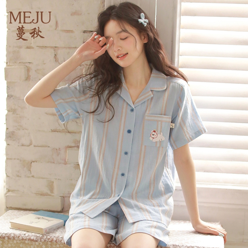 棉纱开衫翻领短袖短裤睡衣宽松