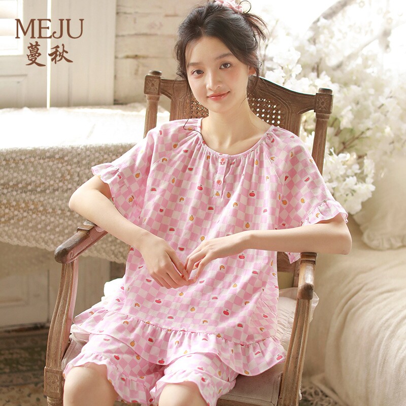 MEJU蔓秋 女生短袖短裤睡衣纯棉纱布学生套装家居服套头圆领甜美