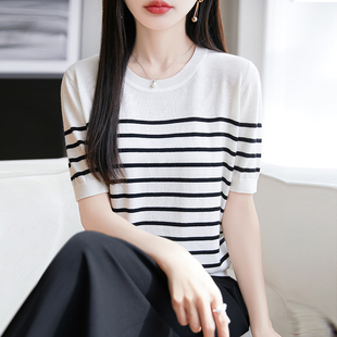 莱赛尔天丝黑白条纹针织短袖背心女2026新款内搭圆领短袖上衣外穿
