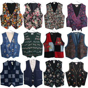 欧美古着vintage复古日制民族风上衣孤品尖货棉布印花刺绣马甲J3