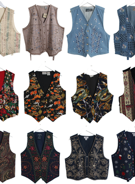 欧美古着vintage复古日制民族风上衣孤品尖货棉布印花刺绣马甲M7