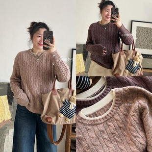 「阿董外贸」秋冬重磅麻花纹高克重圆领假两件套头花纱羊绒衫 针织