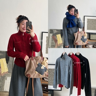 针织开衫 「阿董外贸」高级感小香风长袖 金豆豆山羊绒口袋拉链衫
