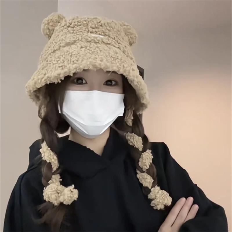 冬季甜美可爱羊羔绒毛绒渔夫帽女小熊耳朵韩版绑带百搭显脸小盆帽