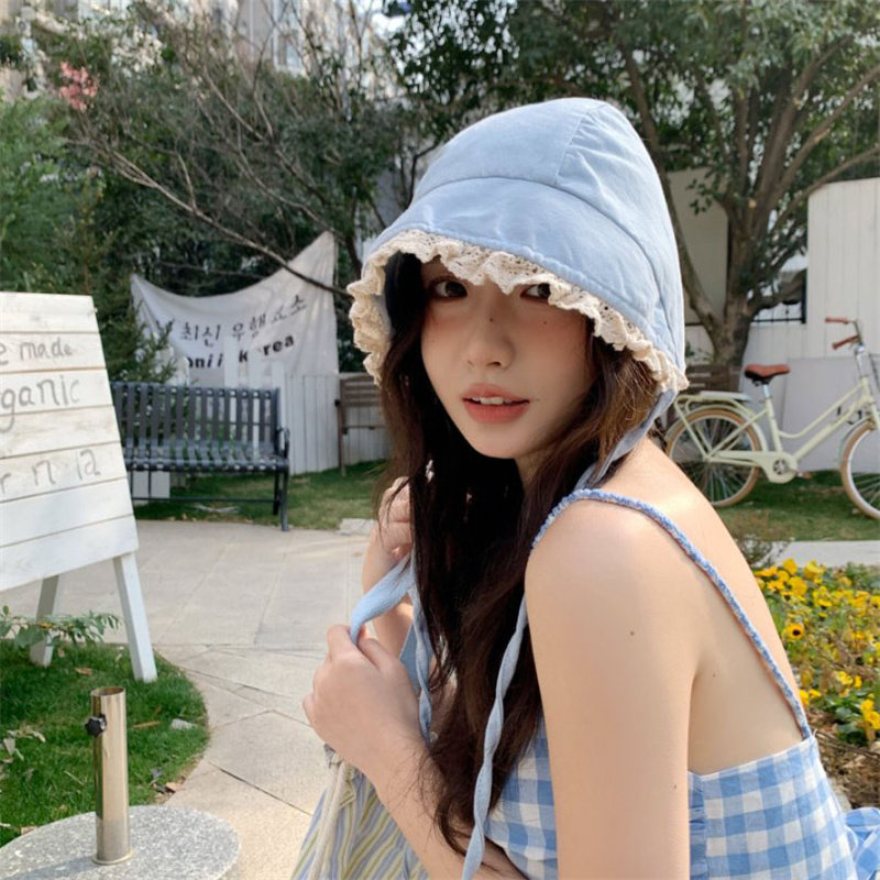 2025早春新款韩版蕾丝花边渔夫帽女大头围显脸小遮阳防晒绑带盆帽