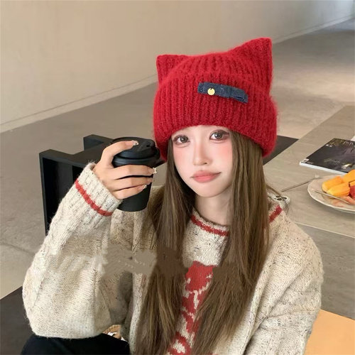 秋冬新款可爱猫耳朵蝴蝶结针织帽