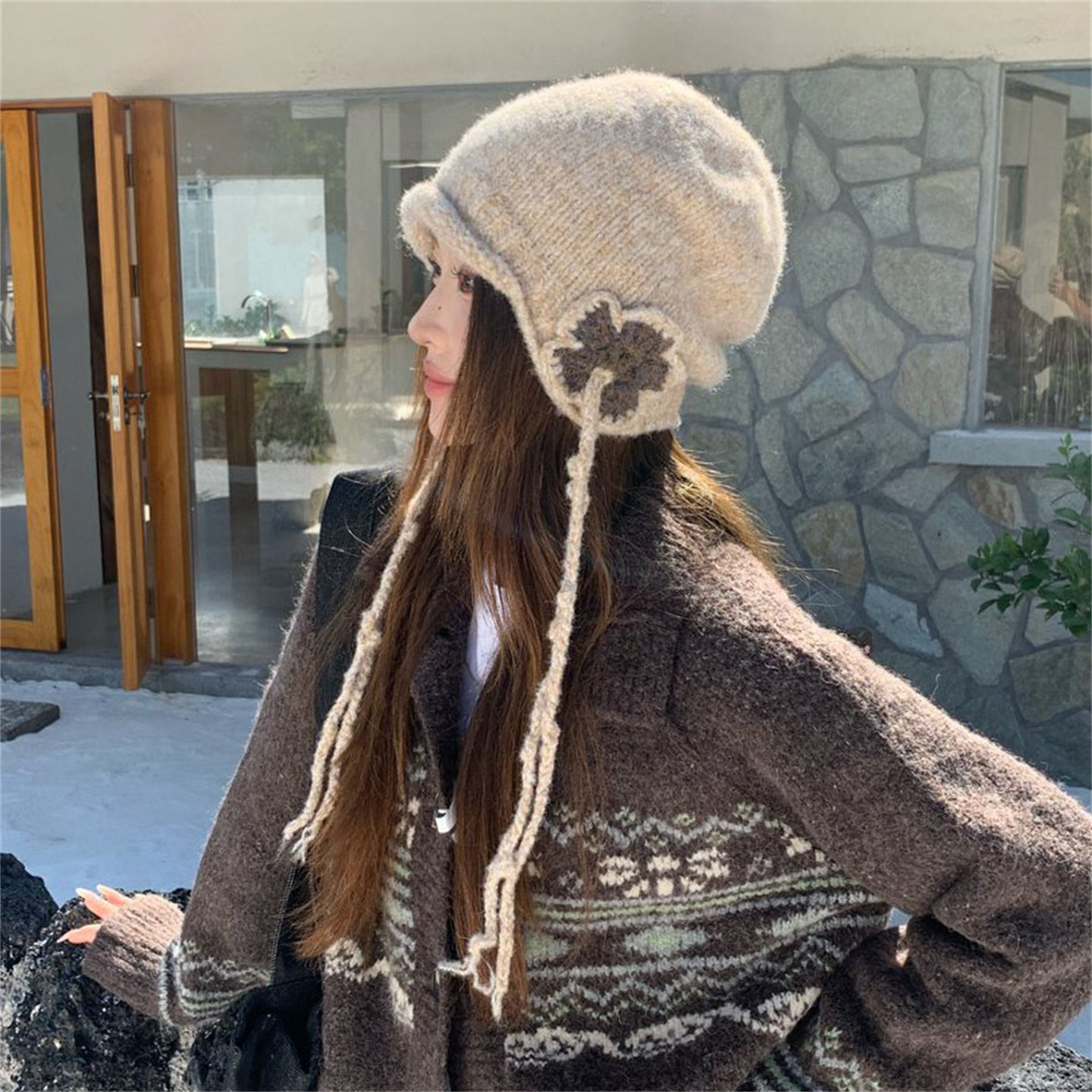 复古钩花针织护耳帽女秋冬保暖流苏绑带氛围感个性堆堆套头帽时尚