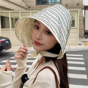 2026春季新款环绕式大帽檐薄款条纹防晒帽女夏户外时尚遮阳渔夫帽