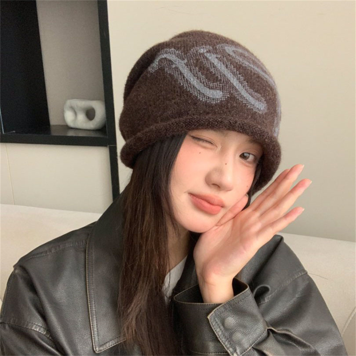 冬大头围卷边韩系慵懒针织堆堆帽