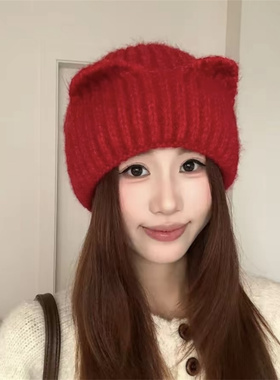 韩版小猫耳朵可爱时尚百搭显脸小针织帽女保暖护耳包头冷帽个性潮