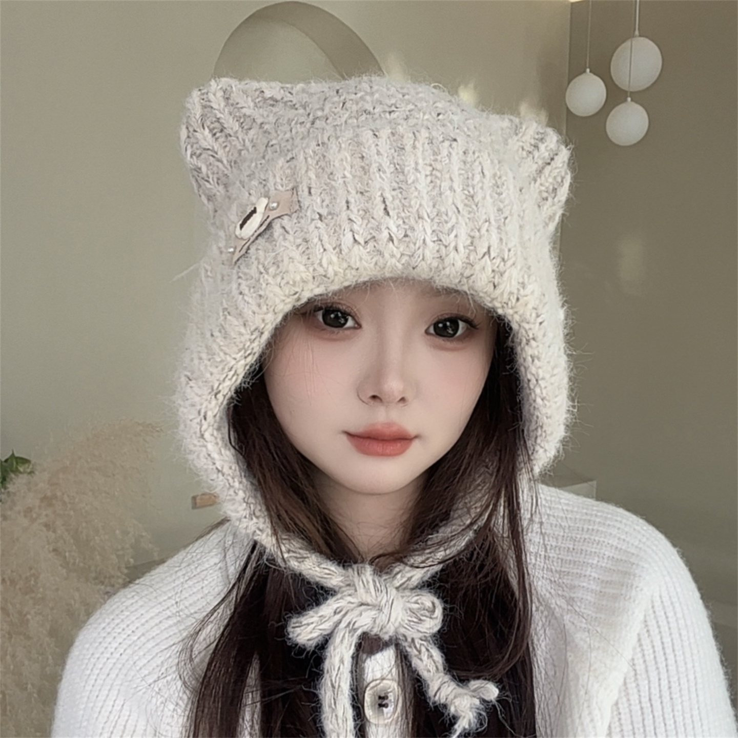 秋冬新款卡通小熊耳朵包头帽女韩版户外保暖可爱护耳针织帽显脸小