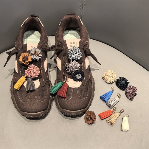 MIU系流苏挂件皮革花朵德训鞋扣