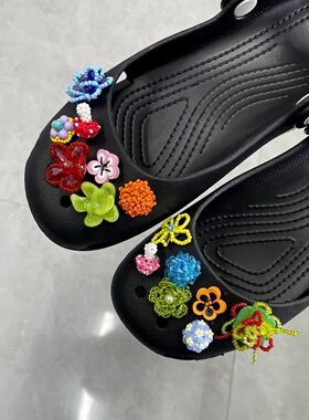 七彩夏日彩色花朵鞋扣芭蕾洞洞鞋装重工手工鞋花黑色洞洞鞋配件饰