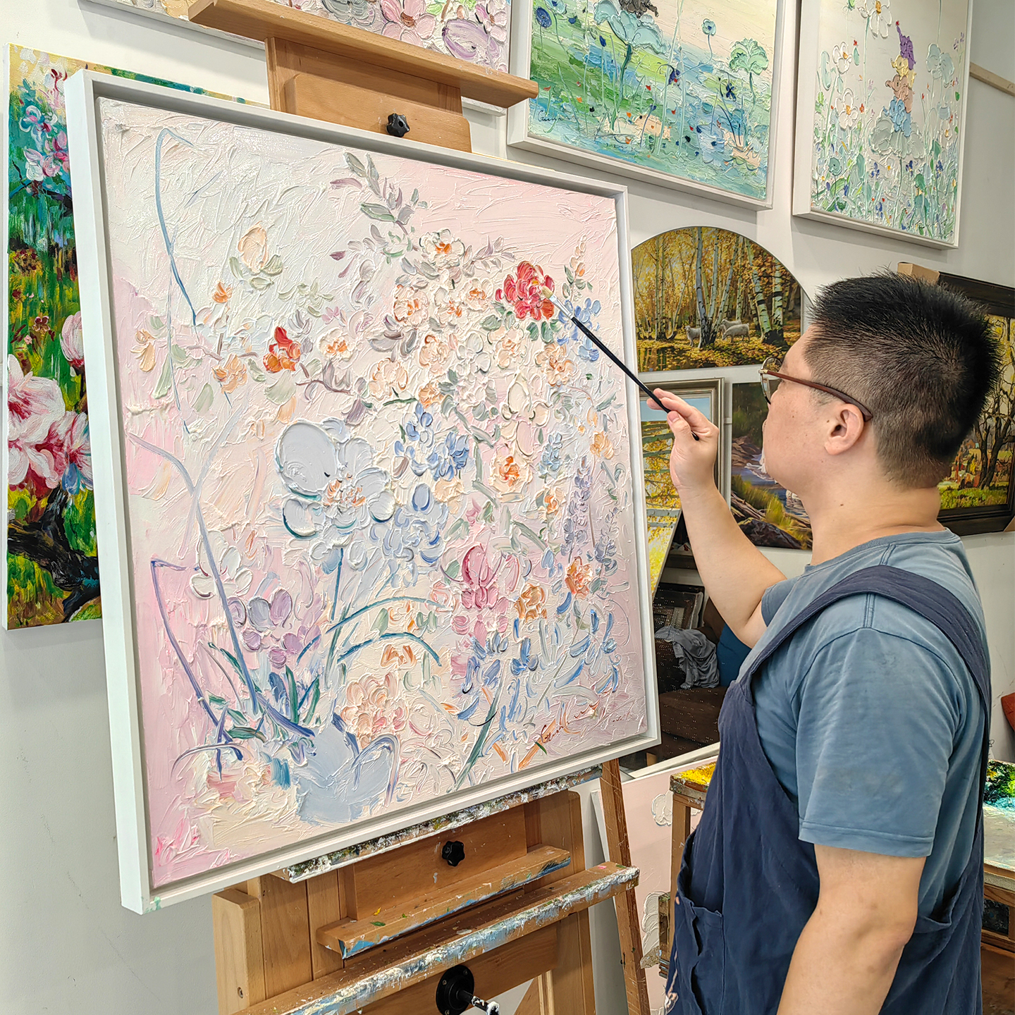 云想衣裳现代轻奢原创花卉手绘油画奶油风高端厚机理客厅方形挂画