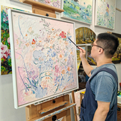 云想衣裳现代轻奢原创花卉手绘油画奶油风高端厚机理客厅方形挂画