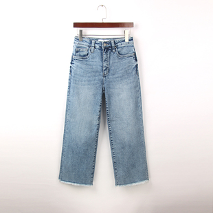 新款 高腰弹力显瘦毛边小个子9分裤 宽松直筒牛仔裤 外单大码 女 春季