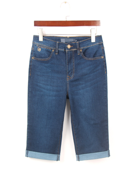 夏秋新款67分深蓝色牛仔裤女 外单200斤大码高腰弹力卷边直筒中裤