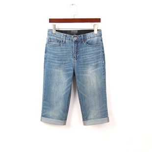 新款 高腰弹力显瘦小个子直筒卷边中裤 7分牛仔裤 外单大码 女 夏季