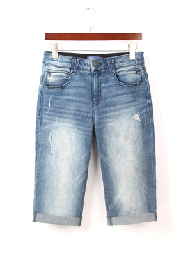 夏季薄款浅蓝色67分牛仔裤女 外单200斤大码高腰弹力宽松直筒中裤