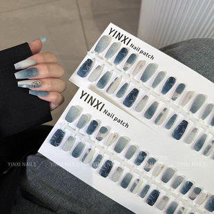 天青色高质量穿戴甲国风釉色磨砂2025新款中长款美甲显白送工具