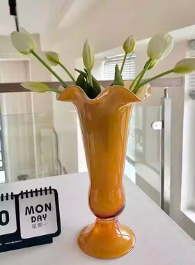 中古芬顿奶茶棕琉璃花瓶插花法式花朵花器小众高级感家居装饰摆件