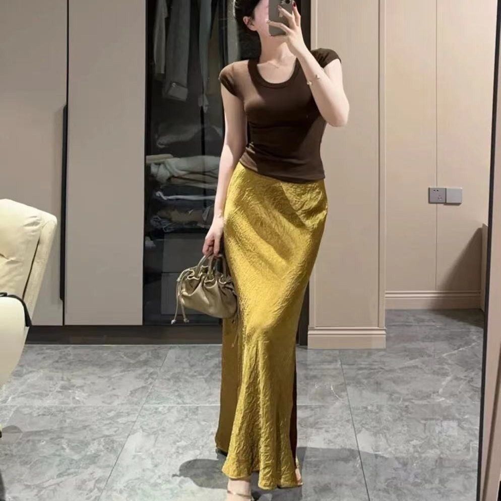 醋酸流金色包臀皱显瘦垂感半身裙