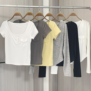 樊樊早安纯撩排扣长/短袖T恤女夏修身性感显瘦立体口袋大领口上衣