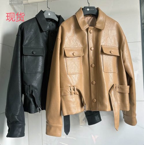 肌理感皮料美式腰带皮衣外套