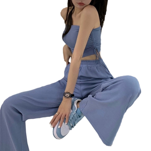 樊樊早安套装修身冷淡风高级感抹胸长裤外套三件套懒人辣妹套装