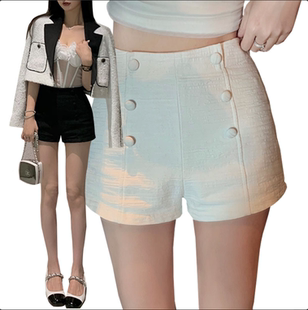 樊樊早安 提花压褶工艺纽扣高腰短裤春款女百搭外穿韩版直筒裤子