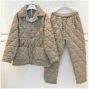 安之伴睡衣冬季男士磨毛纯棉格子三层加厚夹棉奢华保暖棉袄家居服